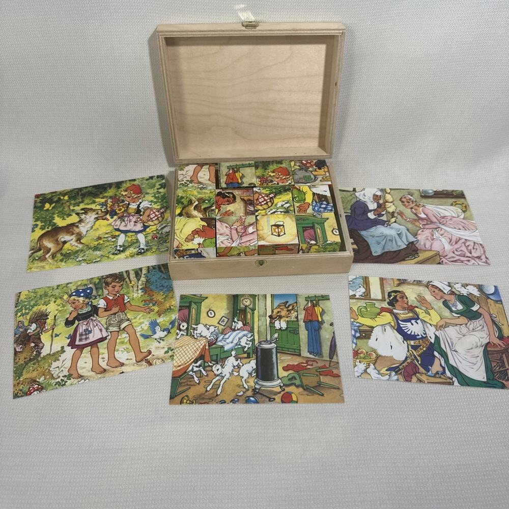 Hermann Eichhorn Wood Fairy Tales Puzzle Blocks w/ Case West Germany 5 scenes